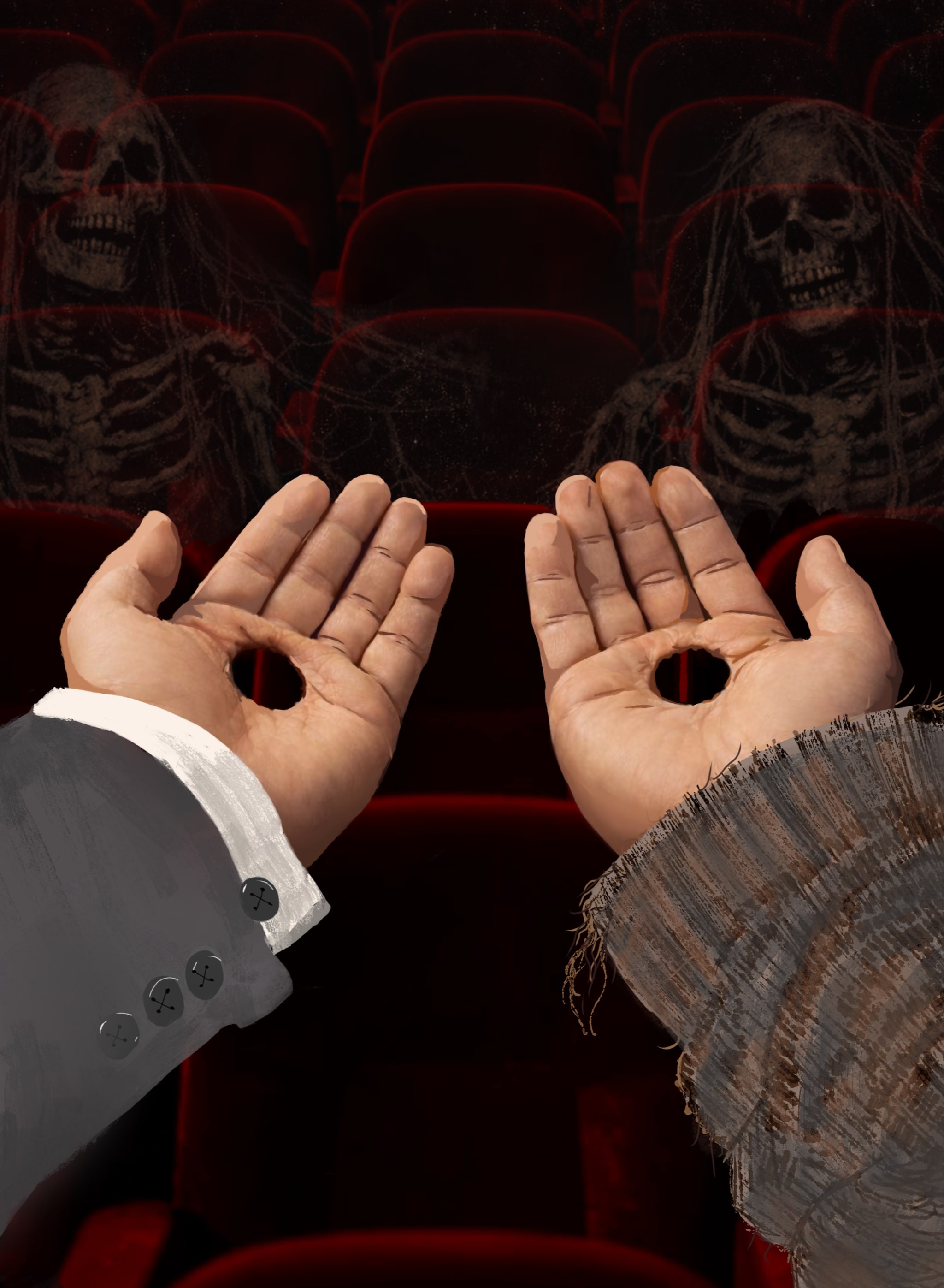 The Last Winter of Adrian Cross — key art: two upturned palms pierced with holes, before a crimson auditorium of spectral skeletons.